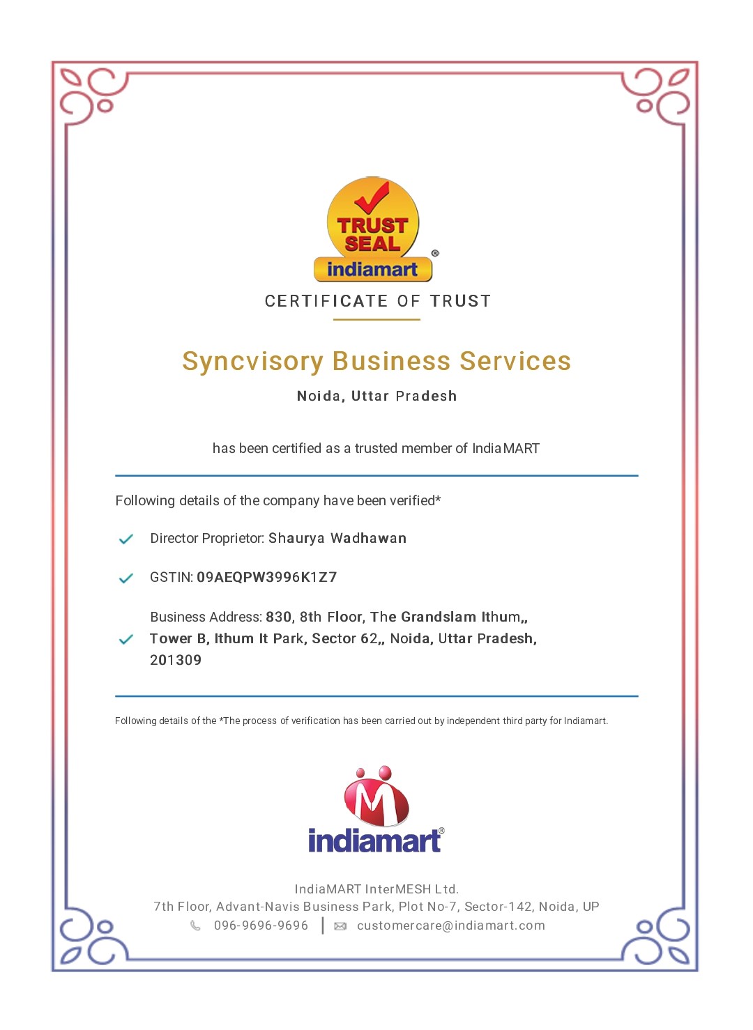 Indiamart Trust Seal Certficate For SyncVisory Business Services